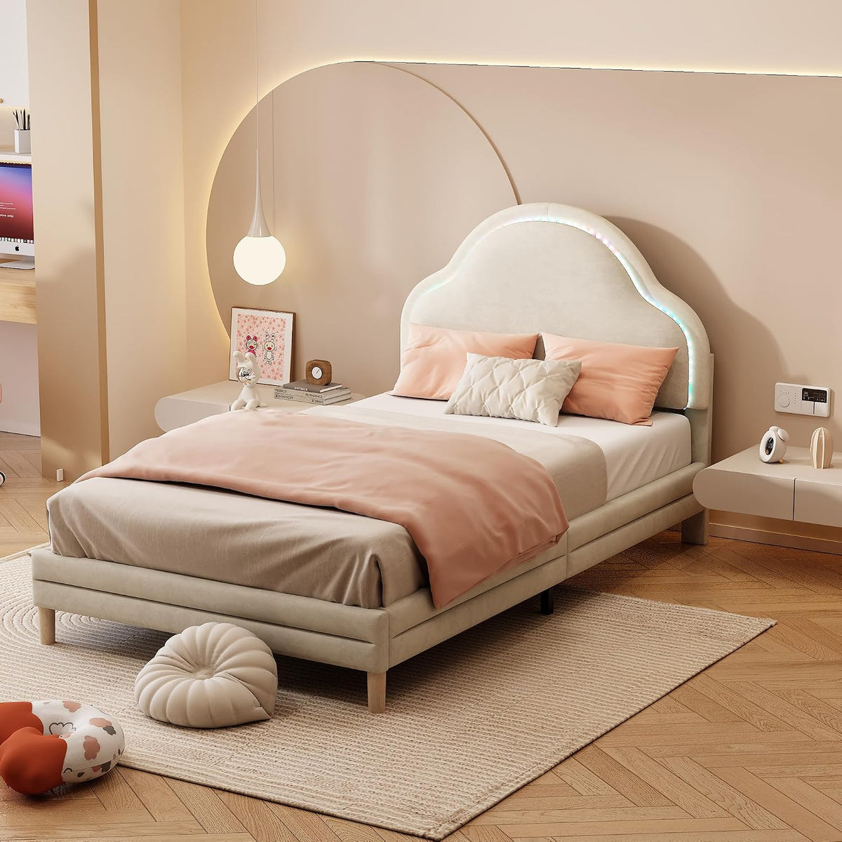 Lit, 90 × 200 cm, éclairage LED, pour fille, Lighluxy, 12 cm, avec rembourrage et bandes LED, avec sommier à lattes, sans matelas, en velours