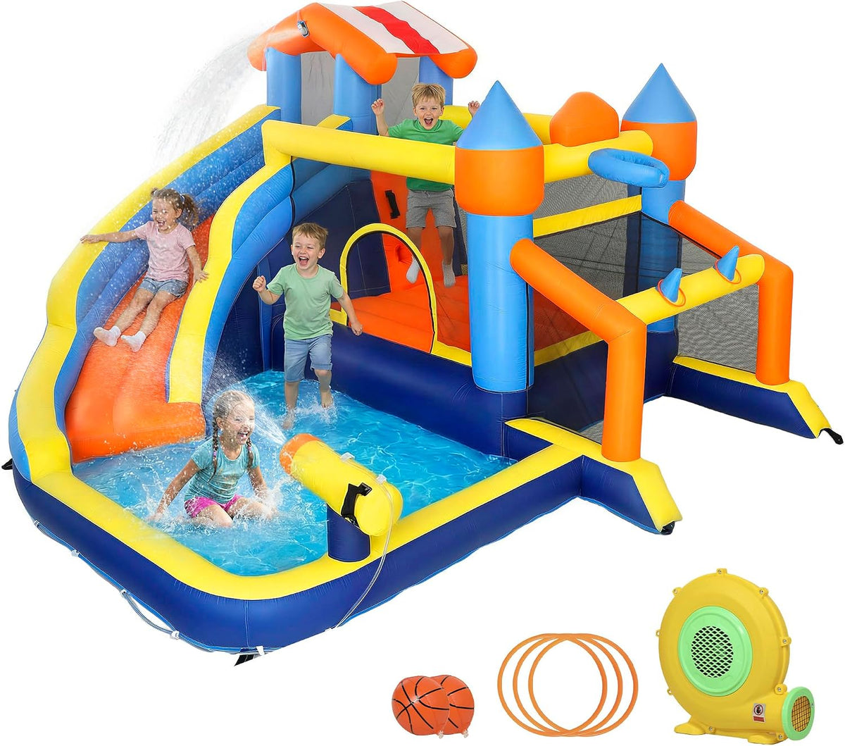 Châteaux gonflable, Château Gonflable Extérieur Parc Aquatique avec Souffleur 8 en 1, AIYAPLAY, 550W