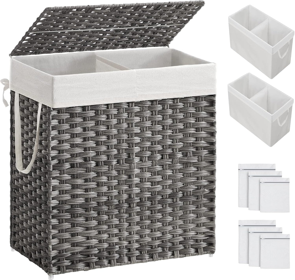 Corbeille à linge, pour Chambre, pliable, 33 × 57 × 60 cm, SONGMICS, 57 × 33 × 60 cm, Gris LCB252G01, 110L, Corbeille 110L, 2 Compartiments