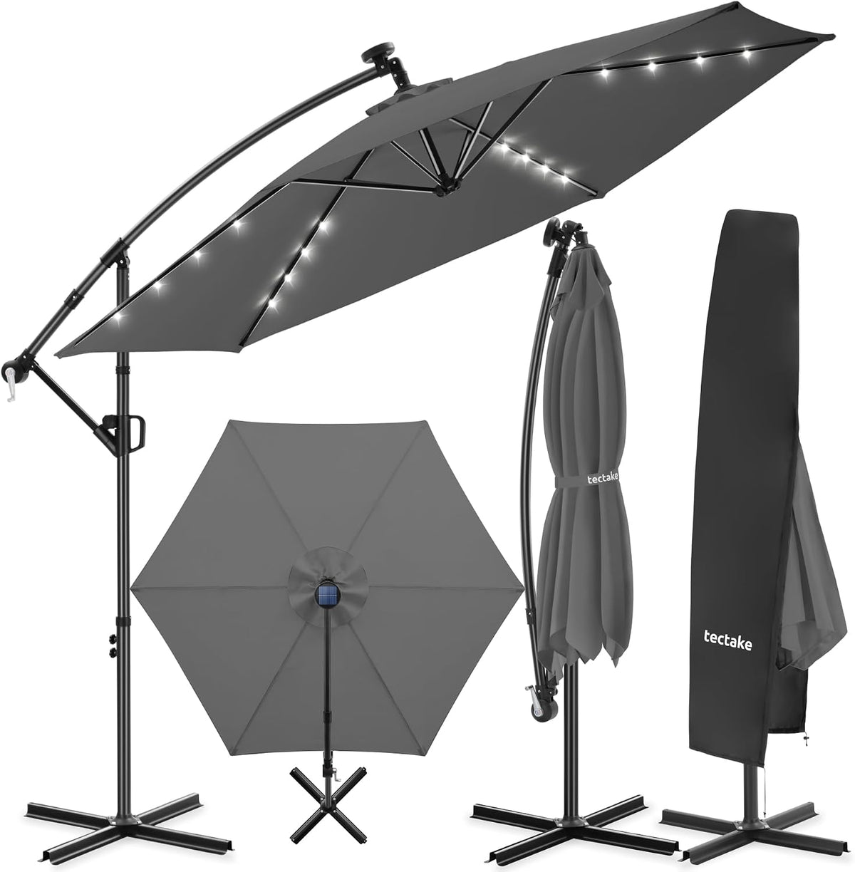 tectake Parasol, Terrasse, 3 × 3 m, éclairage LED, Pivotant à 360°, Inclinable de 90° à 135°, UV 50+, Panneau solaire, Balcon