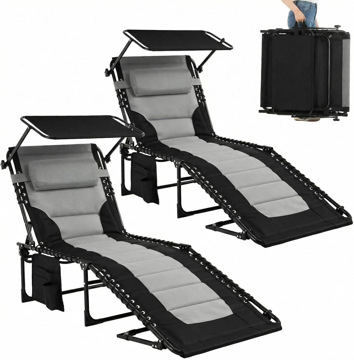 LIFERUN Bain de soleil, pliable, 5 niveaux, Lot De 2, Dossier 5 Positions, réglable, avec Toit, Chaises Longues Pliables
