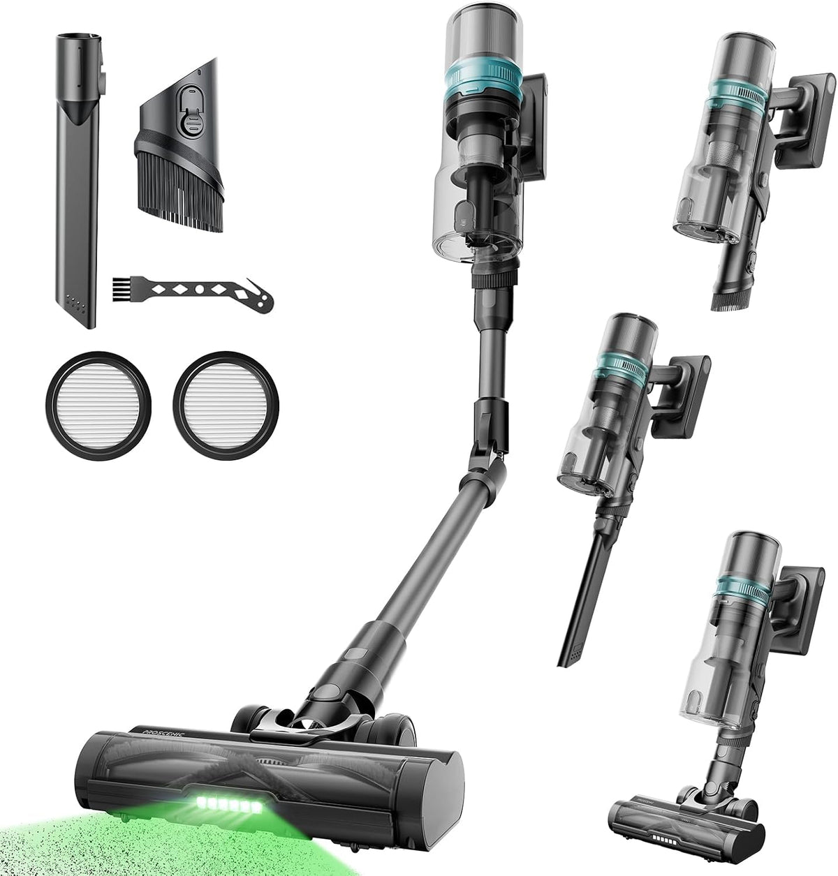 Proscenic 50KPa Aspirateur, Brosse Anti-Emmêlement Pour Tapis, pliable, 550W, éclairage LED, Tube Pliable, Technologie GreenEye, Poils Animaux