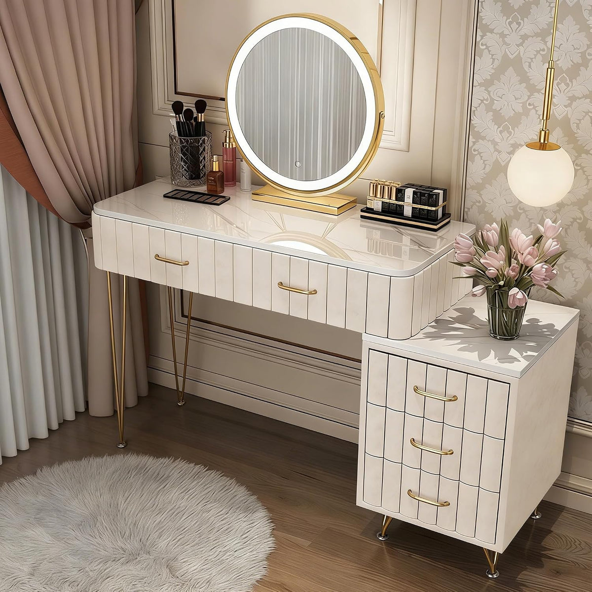 Coiffeuse, 3 niveaux, Table de Maquillage Velours avec 5 Tiroir en Bois pour Chambre, éclairage LED, réglable, sans Assemblage