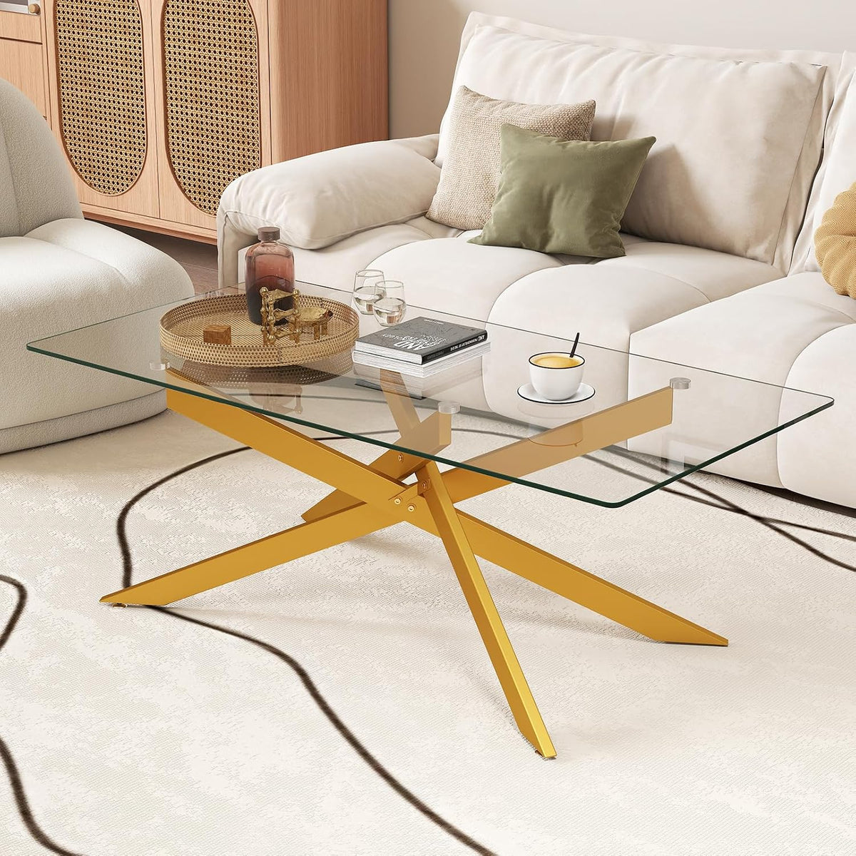 Table basse COSTWAY, pour Appartement, 120 × 60 cm, réglable, verre, 8 mm, Plateau Rectangulaire, Pieds Tubulaires en Métal Chromé, Maison