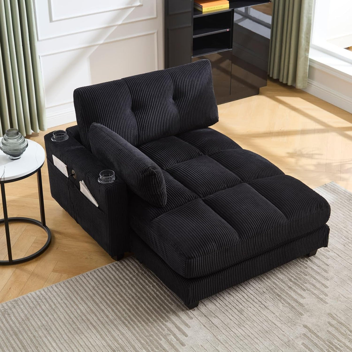 Fauteuil, Chaise Longue Salon, Petit Canapé Lit 1 Place, télécommande, Tissu de Velours côtelé, EURHCIO, réglable, avec Coussin, Noir