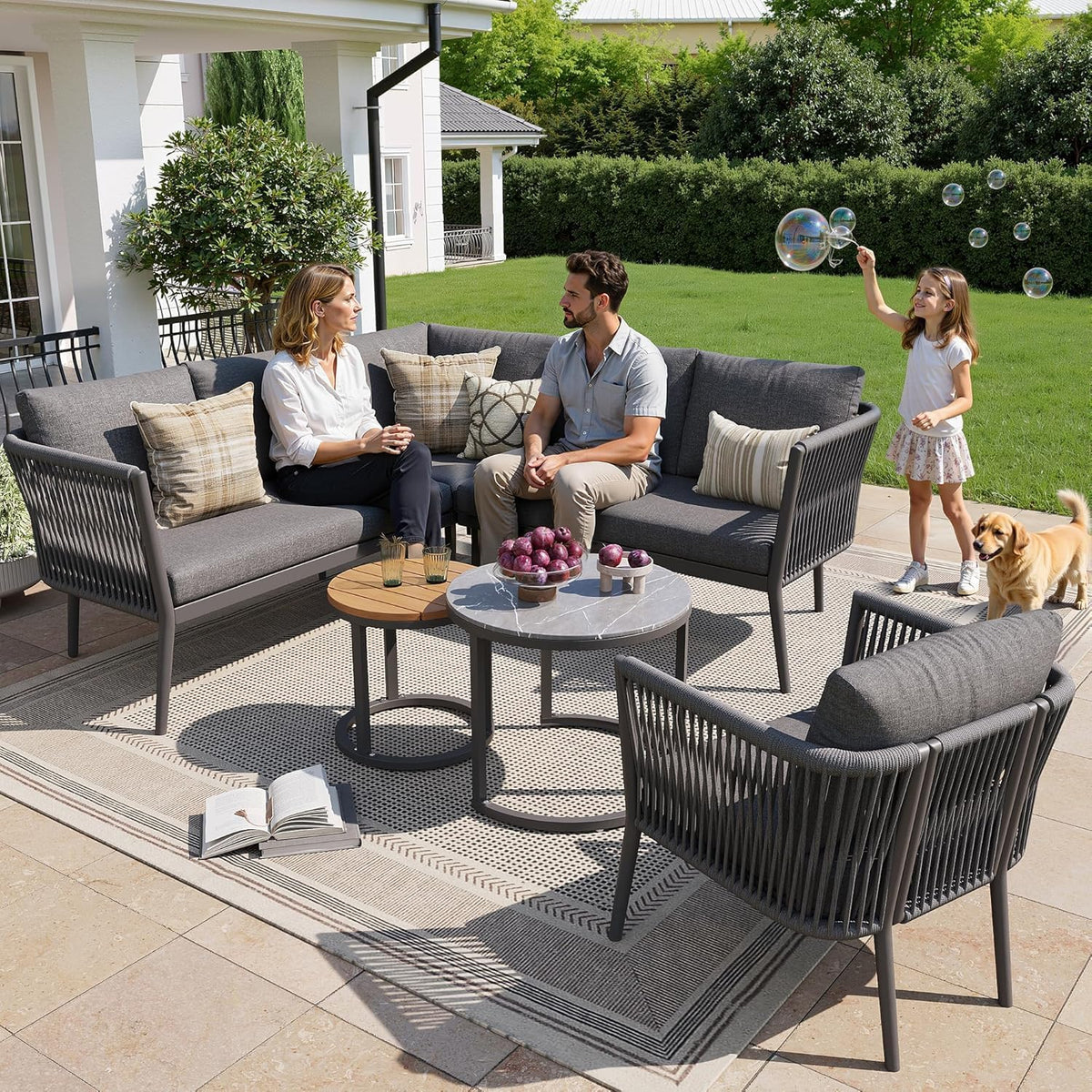 Salon de jardin, verre, Canapé d'angle Modulable en Corde Tressée avec Banc et Coussins Inclus, 114, 5 × 61 × 67 cm, DHHU, 53 × 53 × 75 cm, 40 cm