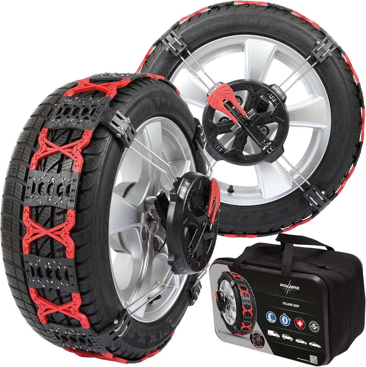 Chaîne à neige, 7mm, Paire de Chaines à Neige Frontales Pour Pneu Auto, Polaire, Tension et Centrage automatiques (90), portable, Grip