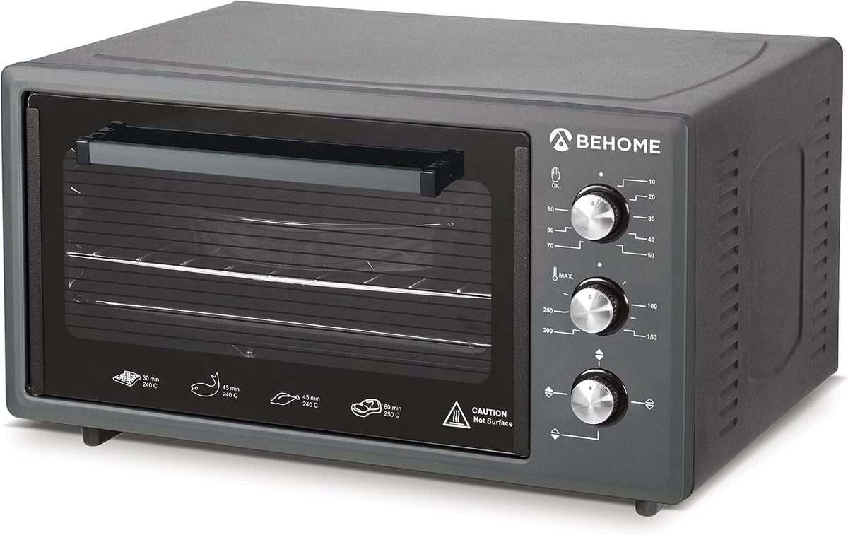 BEHOME Four grille-pain, 1500 W, Four électrique 48 litres ventilé émaillé auto-nettoyant avec lumière intérieure, verre, 90 pouces