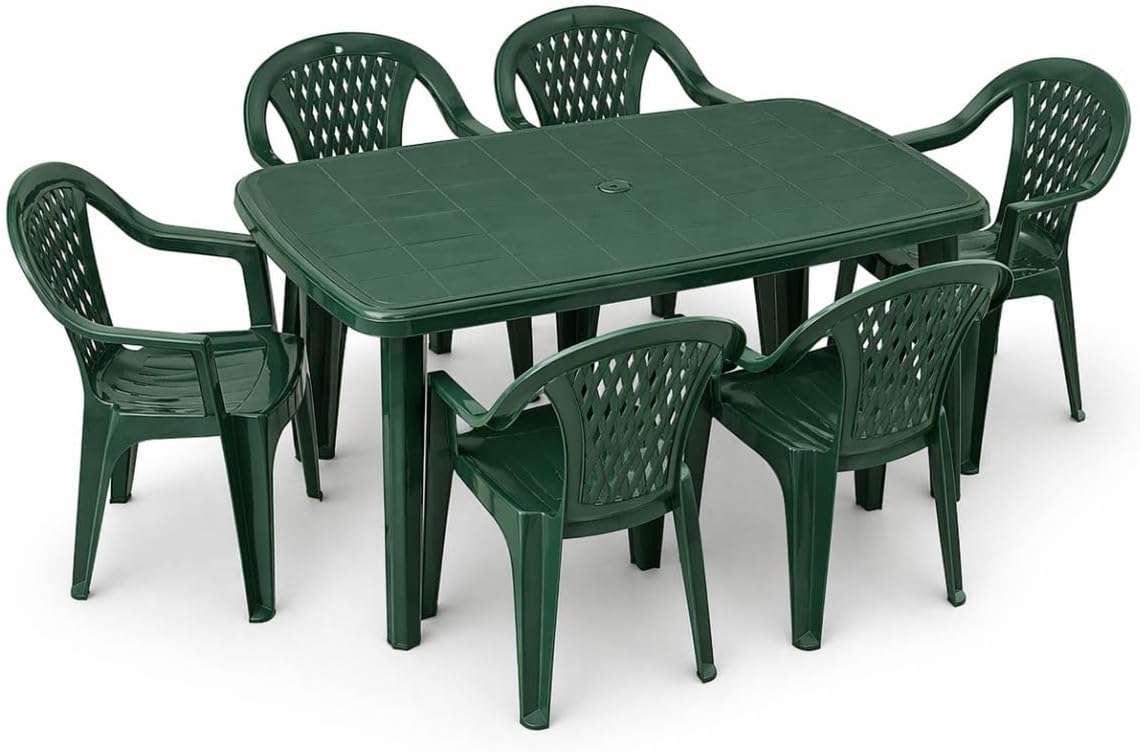 Ensemble salle à manger, 137 × 85 × 72 cm, 6 chaises avec accoudoirs empilables et 1 table rectangulaire pour jardin, Tomaino, 79 cm, vert