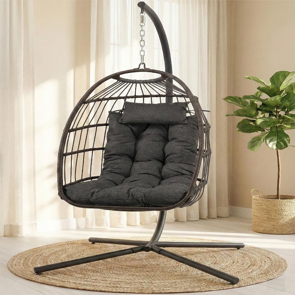 Siège suspendu, Structure en Acier thermolaqué, pliable, 158, 8 kg, SereneLife, Charge de 158, 8 kg, Fauteuil Suspendu en Forme d'œuf avec Support