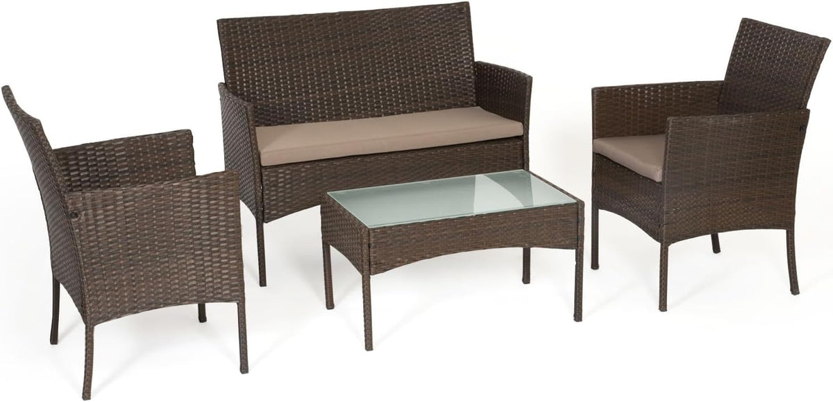 Salon de jardin, 5 cm, verre, Happy Garden, 4 Places, Table + Fauteuils