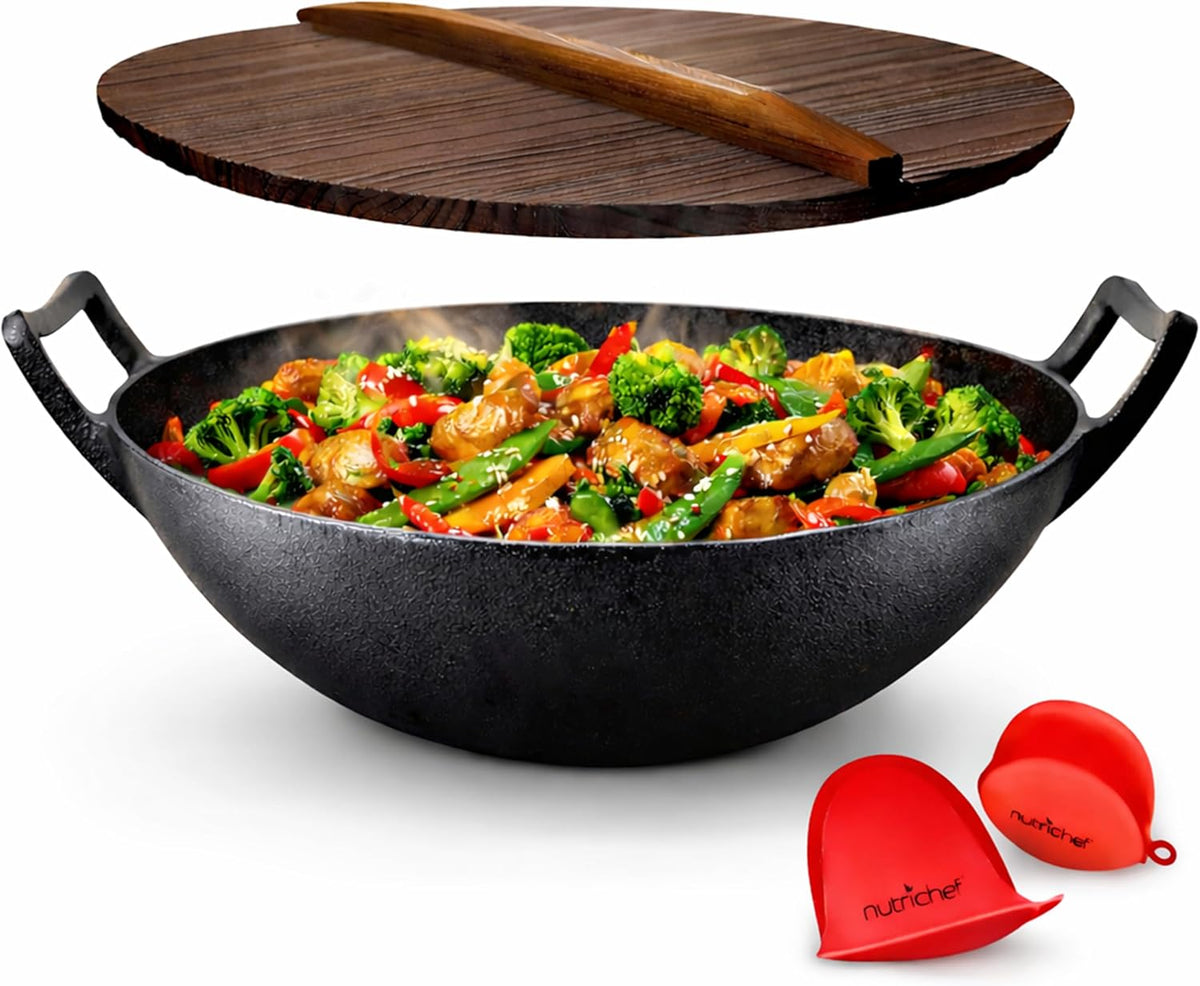 Wok, Couvercle en Bois, Compatible avec Plaques de Cuisson Électriques et Induction, 5, 5 L, Nutrichef, 43, 4 cm, 29, 1 cm, 4, 6 cm, 248 °C