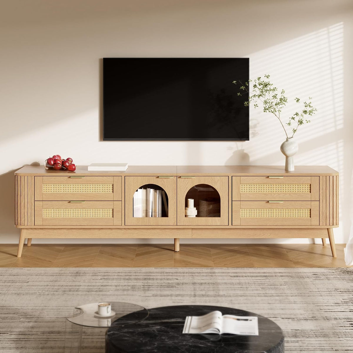 Support TV sur pied, Meuble TV 180 cm LED avec Rangement, Bois Naturel, Merax, 180 × 40 × 50 cm, éclairage LED, verre, Portes vitrées