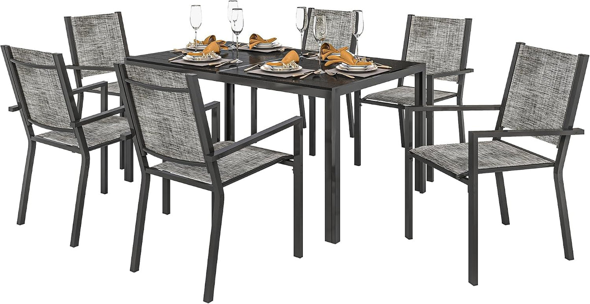 Ensemble salle à manger, Salon de Jardin Extérieur 7 Pièces Table 6 Chaises 150 cm Noir, Outsunny, 150L, 90l, 57l