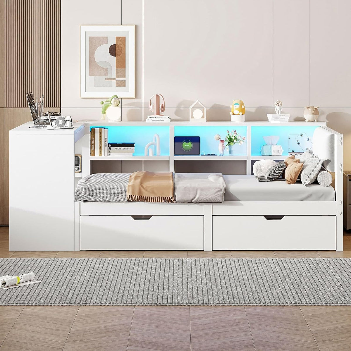 Cadre de lit PUGSDRLY 90x200cm 90x200, Canapé Lit avec 2 Tiroirs et éclairage LED, pour Enfant Adolescent Adulte, 90 × 200cm, Blanc, portable