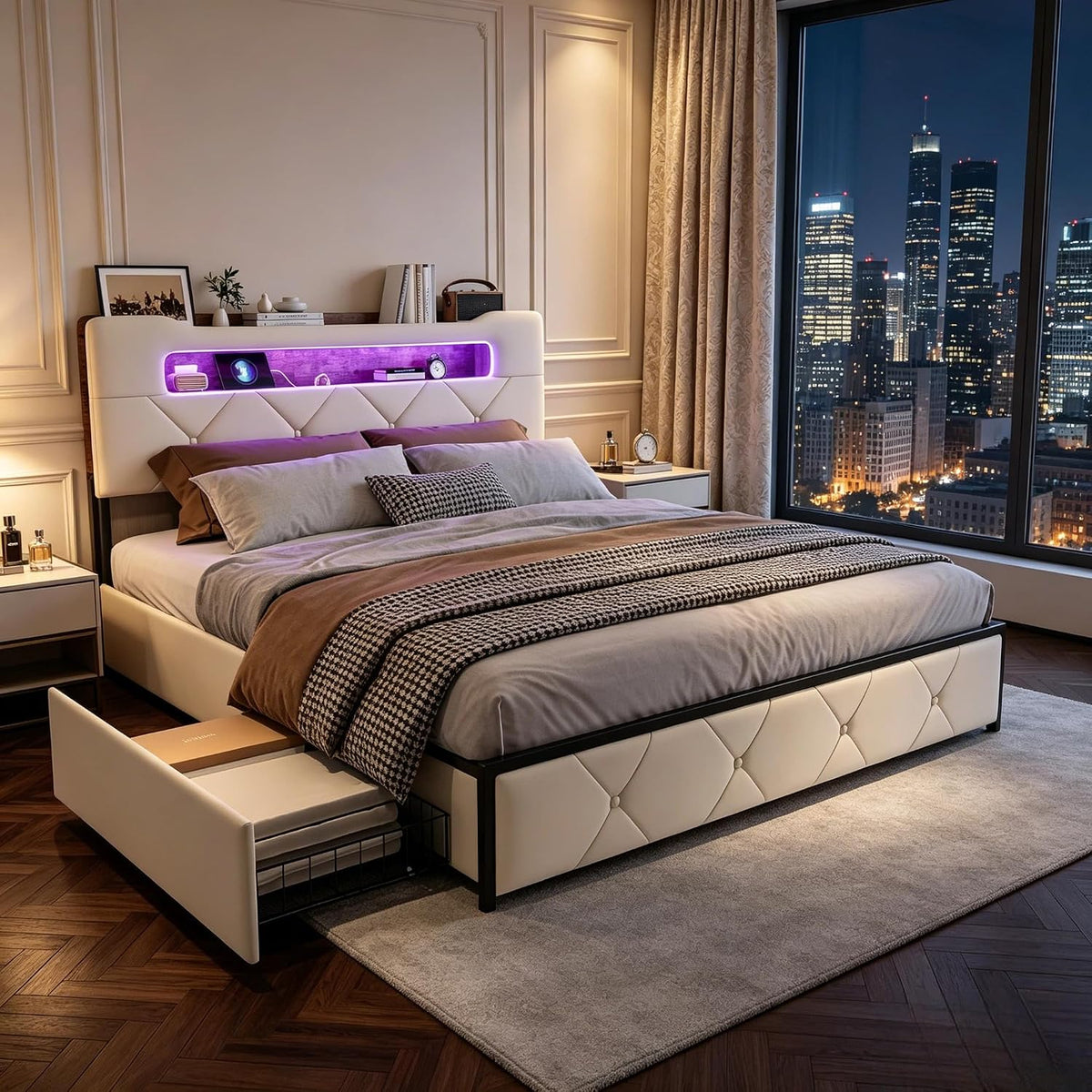 Lit LIVLUX 140x190, pour Adultes et Adolescents, 140 × 190 cm, télécommande, 4 Tiroirs, éclairage LED, portable, Velours, Beige