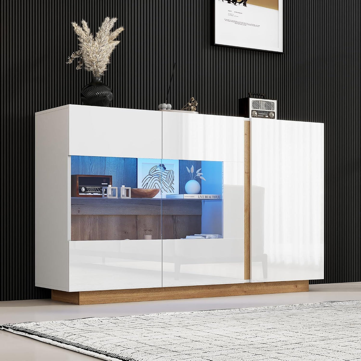Buffet BTM, Armoire de Rangement avec 3 Portes, Portes en Bois et en Verre, éclairage LED, Bluetooth, Blanc Brillant