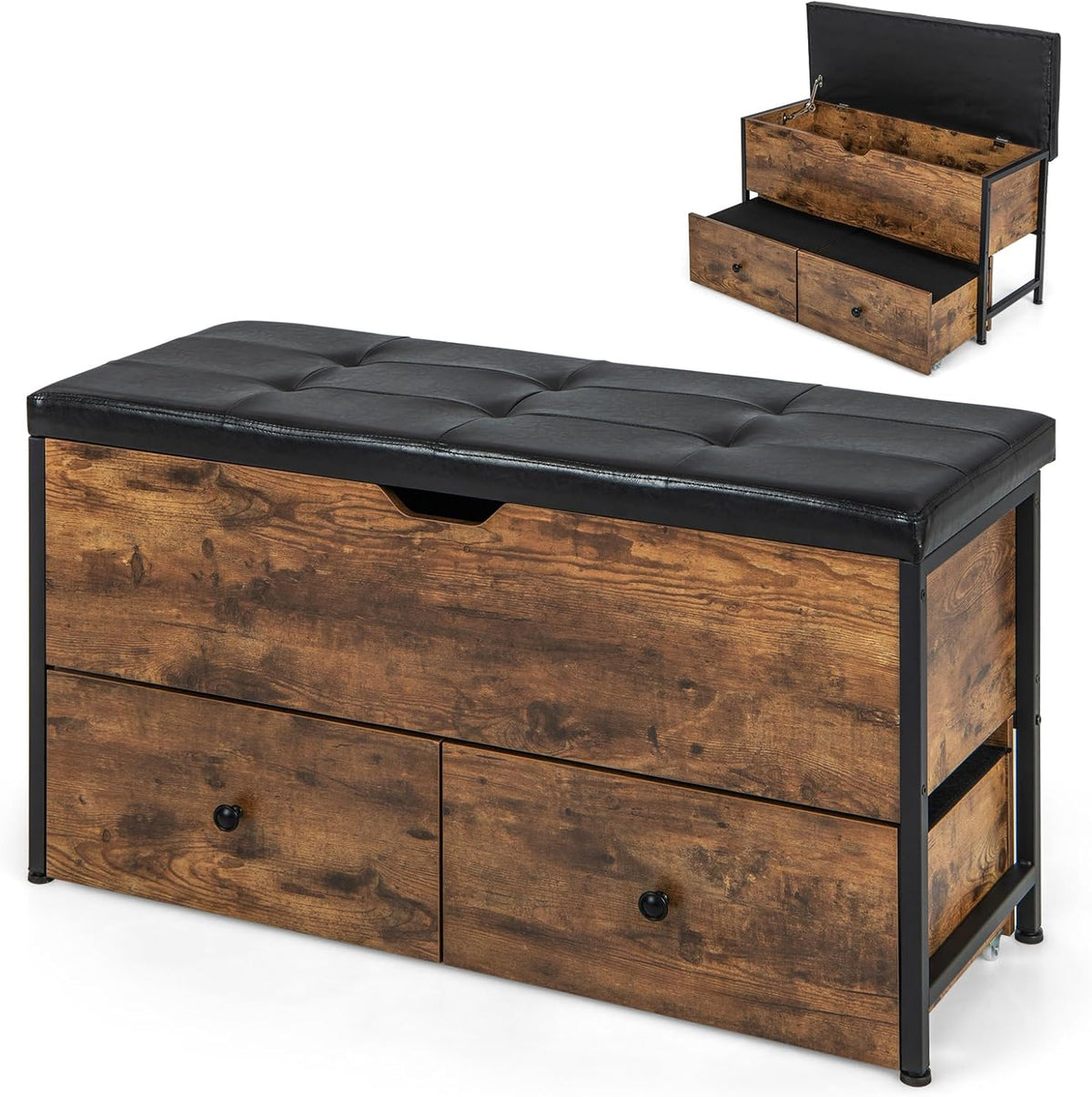 Banc de rangement, Coffre de Rangement en Bois avec Coussin Rembourré, 150 kg, réglable, Banquette pour Entrée, COSTWAY, Supporte 150 kg, Salon