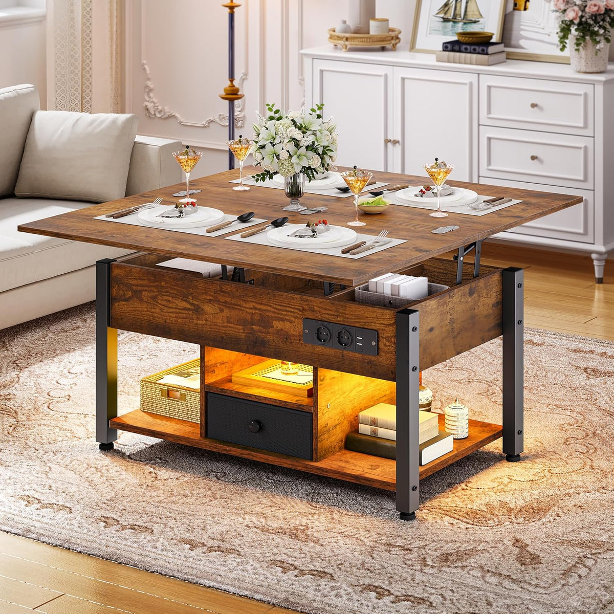 Table basse, éclairage LED, Bureau avec Etagère de Rangement Compartiment Caché, YITAHOME, Bluetooth, pliable, réglable, Marron Rustique