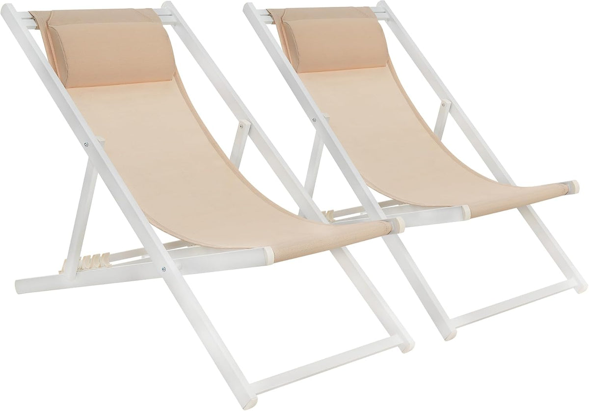 Mondeer Bain de soleil, Lot de 2 Chaise Longue Pliable, 128 × 58 × 7cm, réglable, Coton Bains de Soleil, Beige