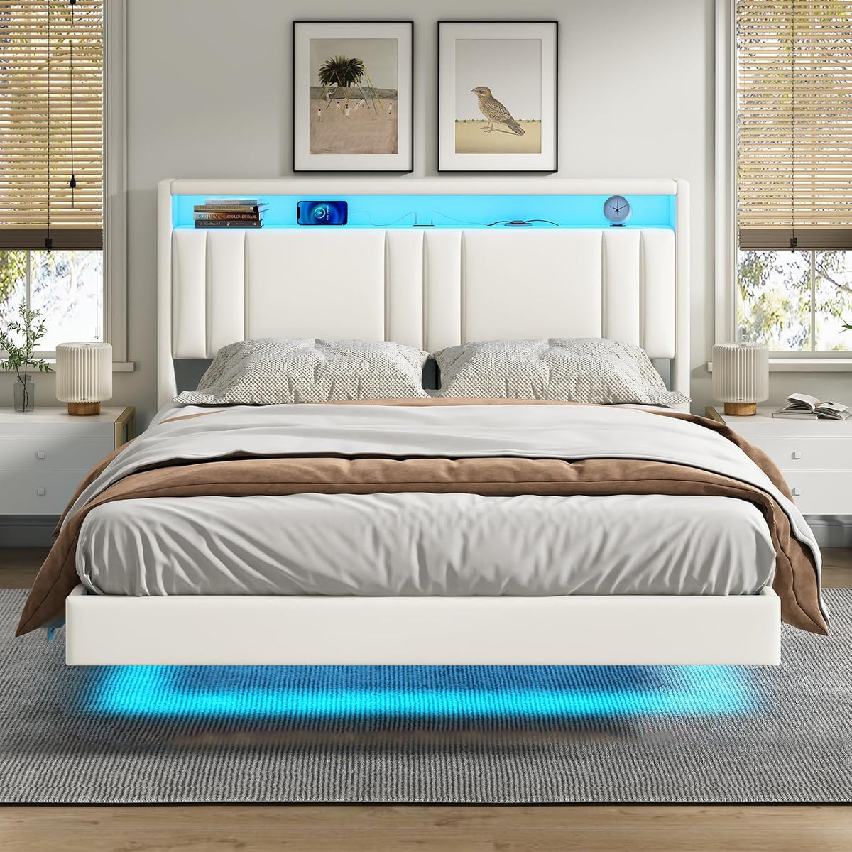 Lit KIMENICH 140x190, 140 × 190 cm, télécommande, éclairage LED, réglable, PU Blanc, minuterie, Effet Flottant