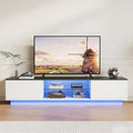 Meuble TV PerGar, avec étagères en Verre, 160 × 32 × 42 cm, éclairage LED, pour Salon, 2 Portes, Blanc, Support TV, Chambre à Coucher