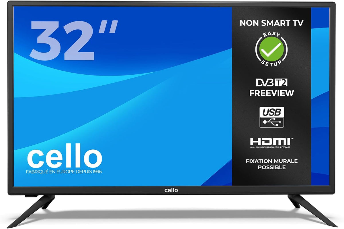Cello DVB-T2 Téléviseur, TV 32 Pouces LED HD Ready, 3X HDMI, éclairage LED, USB Enregistrement, Non Smart, Design Compact