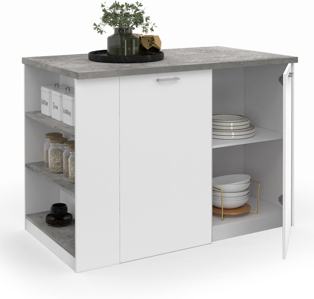 Îlot de rangement fixes, réglable, IDMarket, 120 × 70 cm, 2 portes, 3 étagères