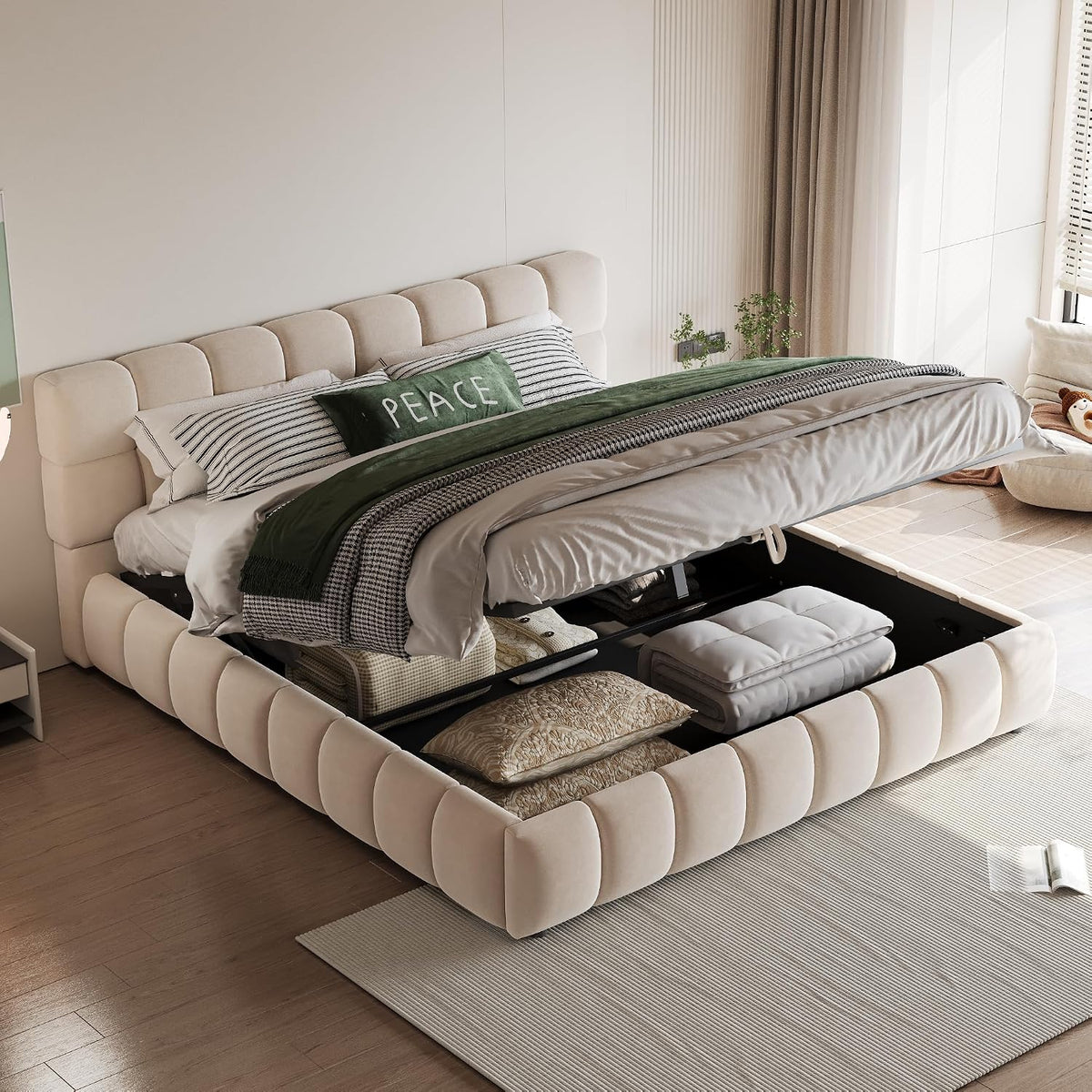 Cadre de lit, 140 × 190 cm, Tissu Velours, avec tête de lit Luxueuse, Zepneiy, 204 × 159 × 77 cm, lit Double rembourré avec Rangement hydraulique