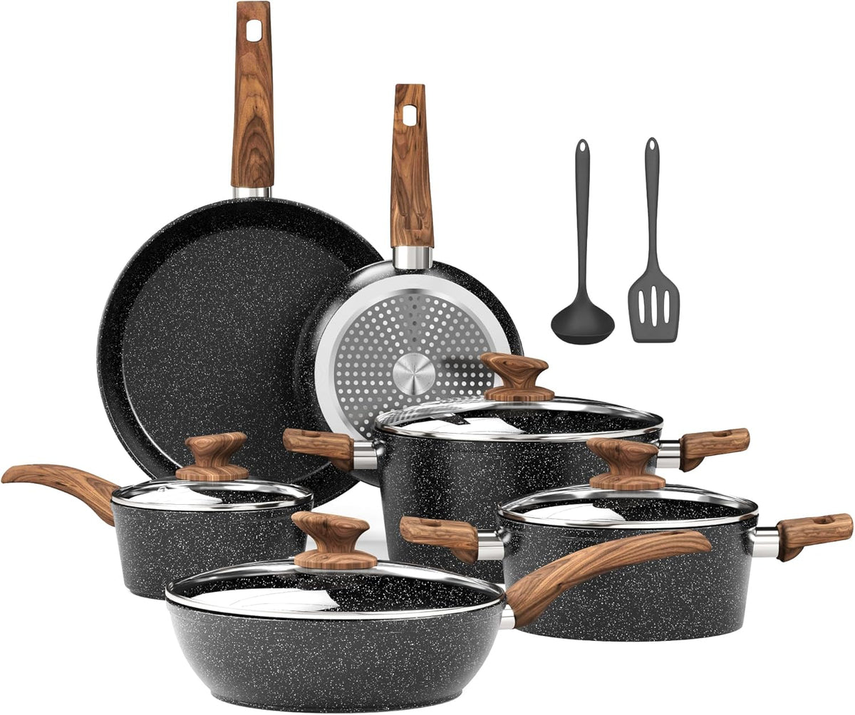 Set de poêles et casseroles, verre, Batterie de Cuisine Induction 12 Pièces Antiadhésives, Kitchen Academy, 28 cm, 24, 5 cm, 1, 4L, 2, 8L, 4, 7L