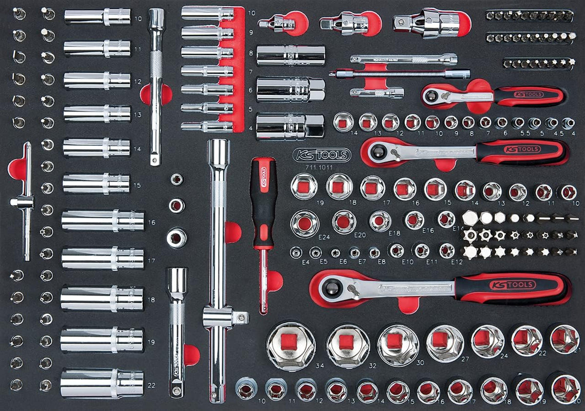 711.1011 Module cliquets, douilles 1/4-3/8-1/2- Mousse 175 pcs, portable, Jeux de douille, KS TOOLS