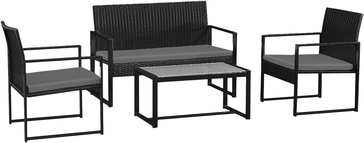 Happy Garden Salon de jardin, 73cm, résine tressée Noir, 37cm, Coussins Gris, Structure Acier, résistant UV
