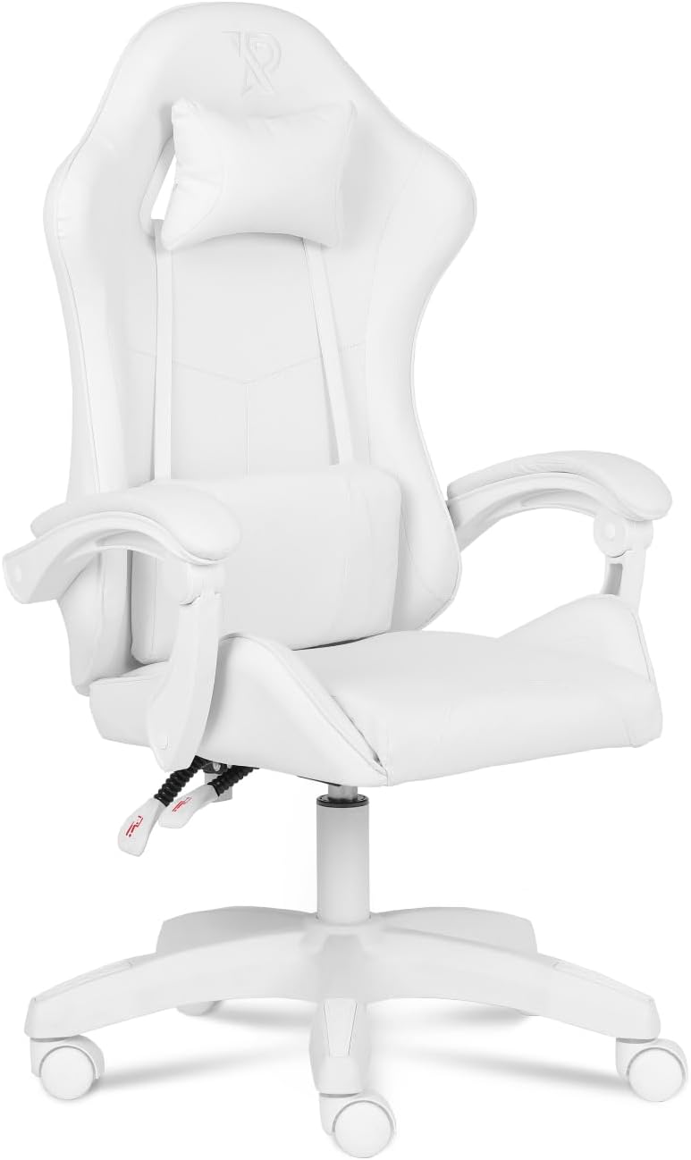 Chaise, 50 cm, réglable, Ranqer, Pivotement 360°, Blanc, Accoudoirs, Soutiens Lombaire et Cervical, Confort Durable et Abordable