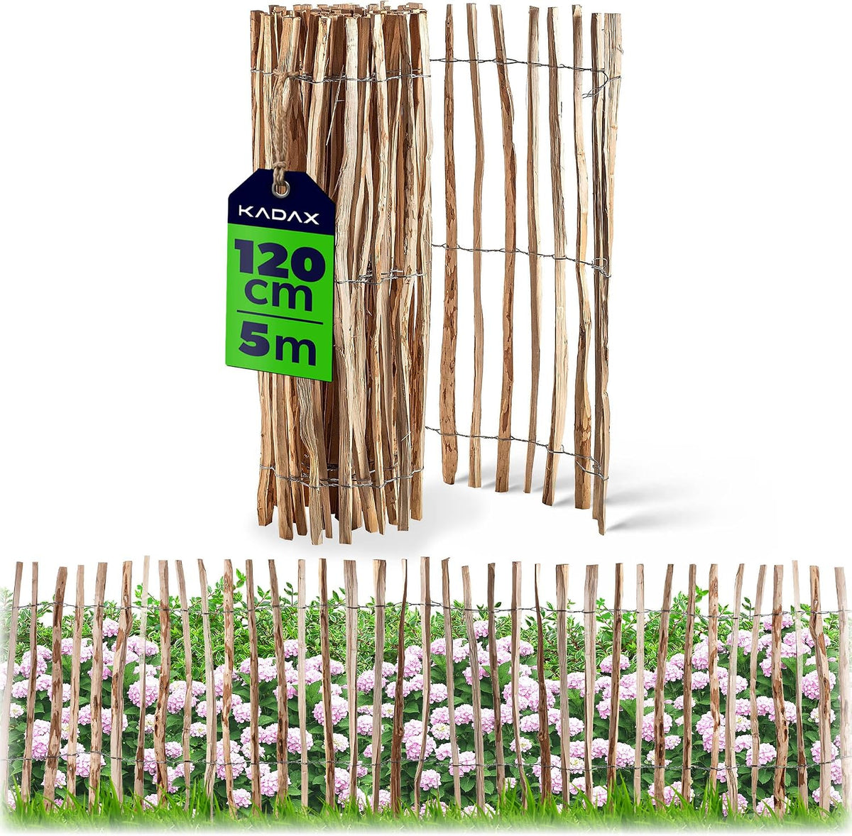 Clôture décoratives, Cloture a Piquets en Bois de Noisetier pour Jardin, Ganivelle Naturelle et Durable pour Delimitation de l'Espace Exterieur, KADAX