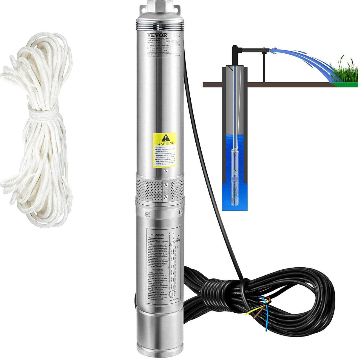 Pompe pour puits, acier inoxydable, 6600 L, VEVOR, 370 W, 230 V, Pompe à Eau Électrique 370 W, 50 Hz