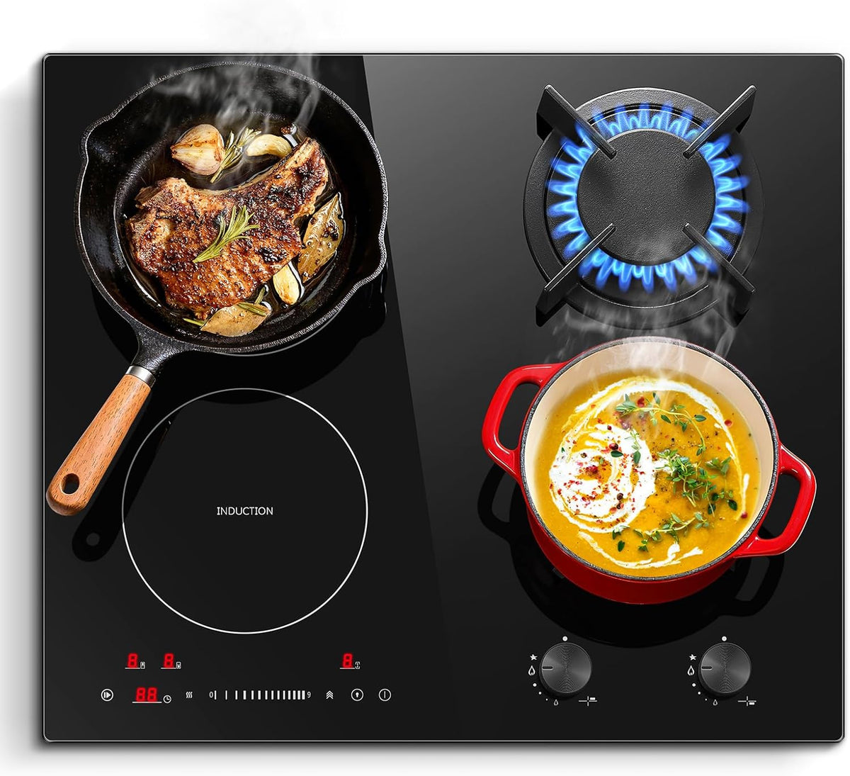 Plaque de cuisson SNDOAS, 9 niveaux, 59cm, 7500W, 4 Foyers, 2400W, 1000W, 2000W, 1500W, 1800W, 2300W, 7500W Totale, minuterie