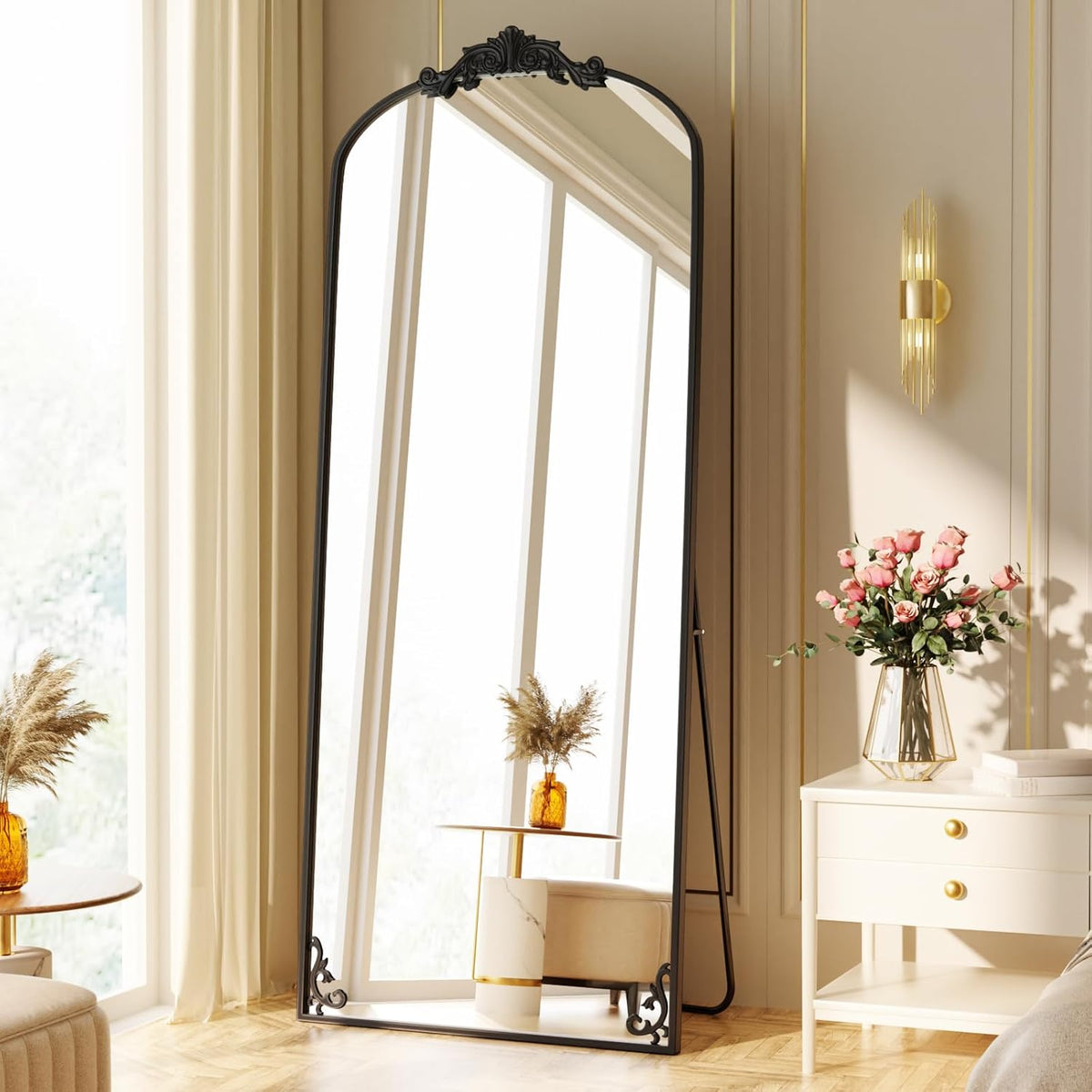 Miroir en pied, 76 × 165 cm, Pleine Longueur avec Beau processus de Gravure rétro, pour Chambre à Coucher, Koonmi, Noir, Couloir