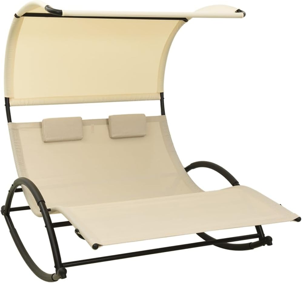 KUREOVDG Bain de soleil, Chaise longue double avec toit pare-soleil en textilène crème, 139 × 180 × 170 cm