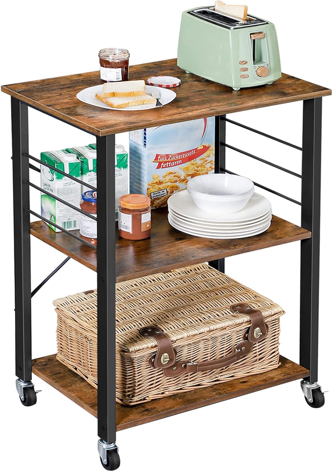 VASAGLE Four micro-ondes, Cadre Métallique avec 6 Crochets, 40 × 60 × 89 cm, Étagère de Cuisine à roulettes, 3 Niveaux, 38 cm, KKS60XV1