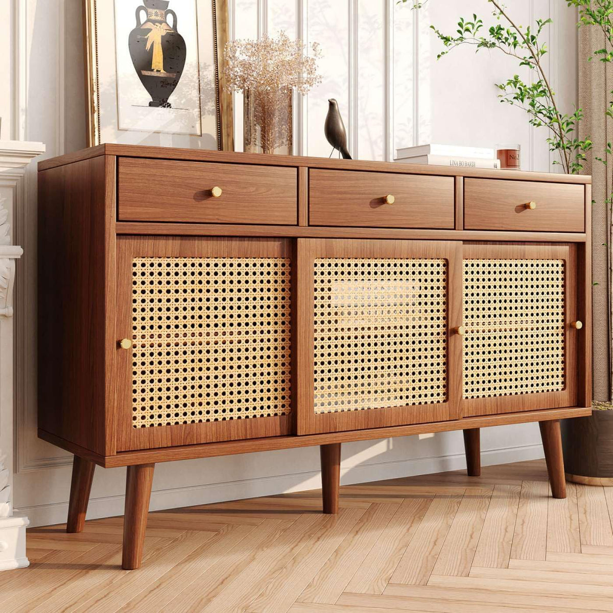 Commode, 20 cm, Armoire multifonctionnelle avec étagère réglable et pieds en bois massif, Sweiko, 3 tiroirs, 3 portes, Buffet