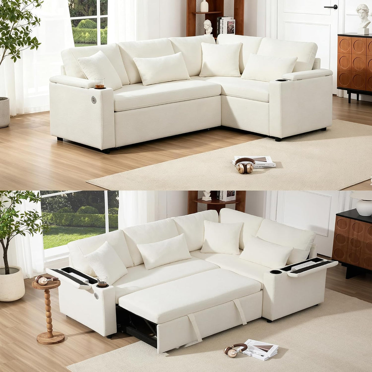 Canapé, Convertible en Méridienne avec Rangement, 206, 5 × 141 × 86 cm, Tablette d'Accoudoir et 4 Coussins–Tissu Chenille, Salon, luckdect, 4 Places