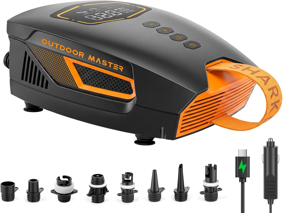 Gonfleur et pompes électriques, 12V/15, 8V DC & USB-C, 4, 1 pouces, OutdoorMaster, 74Wh, 45W, Shark 3 Mini 74Wh Pompe Sup Électrique portable, 20 PSI