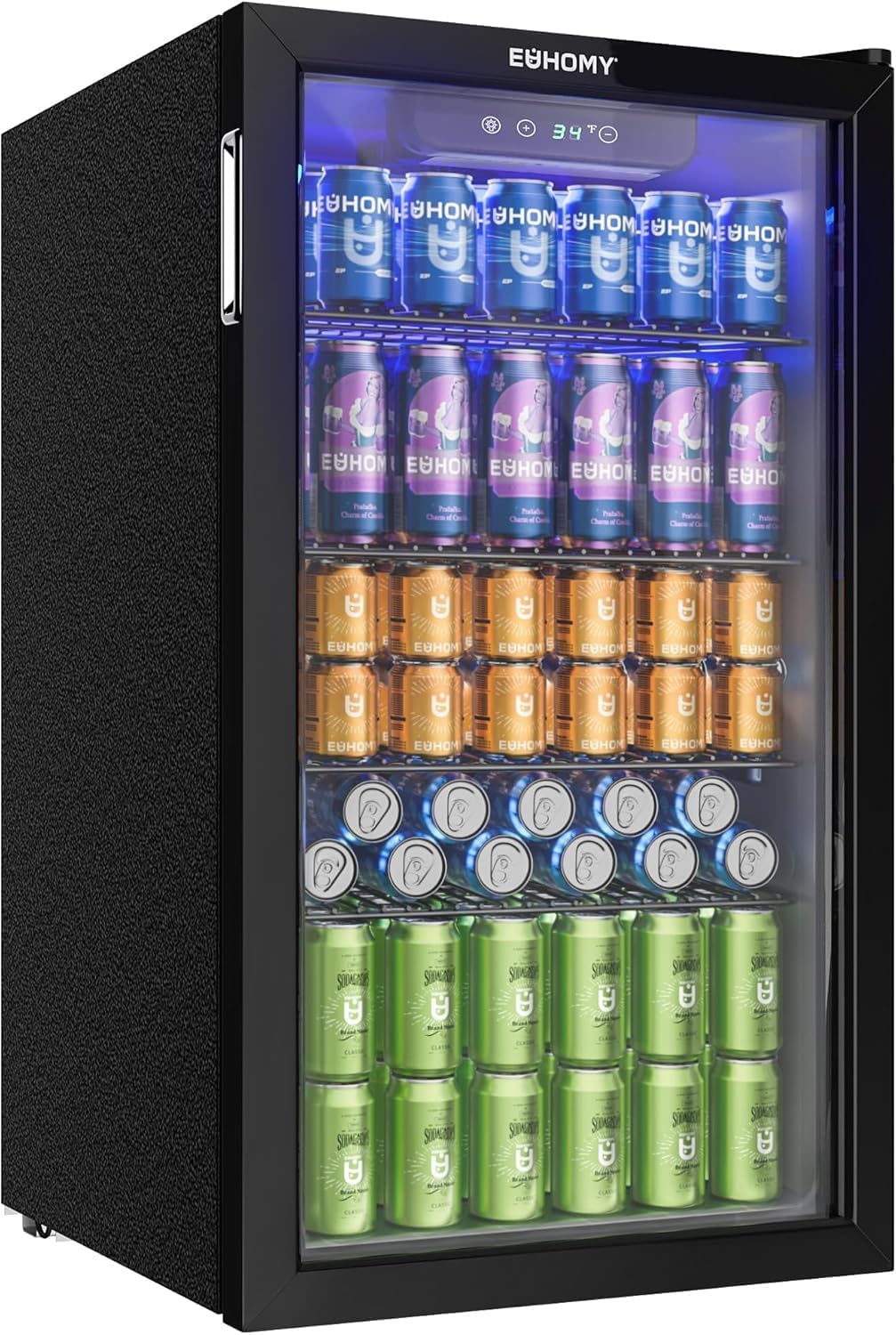 Cave à vin, acier inoxydable, Mini Frigo Pour 126 Canettes, Réfrigérateur à Boissons 90L Avec Porte Vitrée, EUHOMY, 0°C, 16°C, réglable