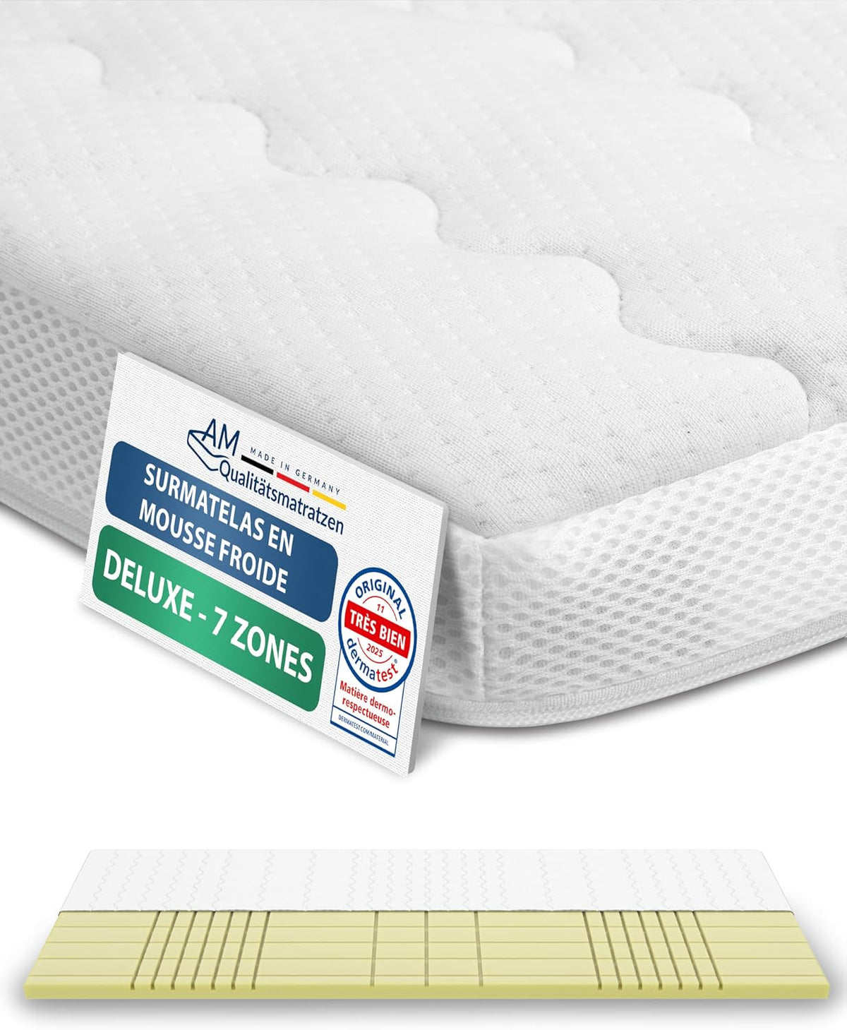 Matelas, 180 × 210 cm, AM Qualitätsmatratzen, 8 cm, 7 Zones, 180 × 210cm, très Adaptable et Confortable, Housse Respirante et Lavable