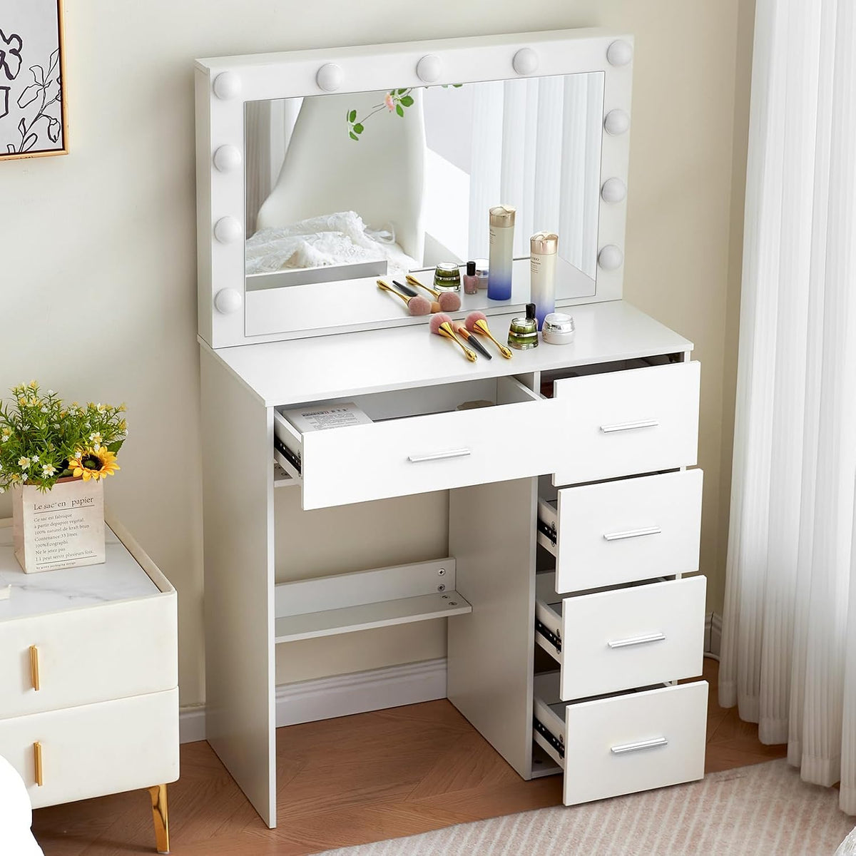 Coiffeuse Aovquof, table de maquillage avec miroir pour le maquillage, 3 couleurs avec luminosité réglable, M50, éclairage LED