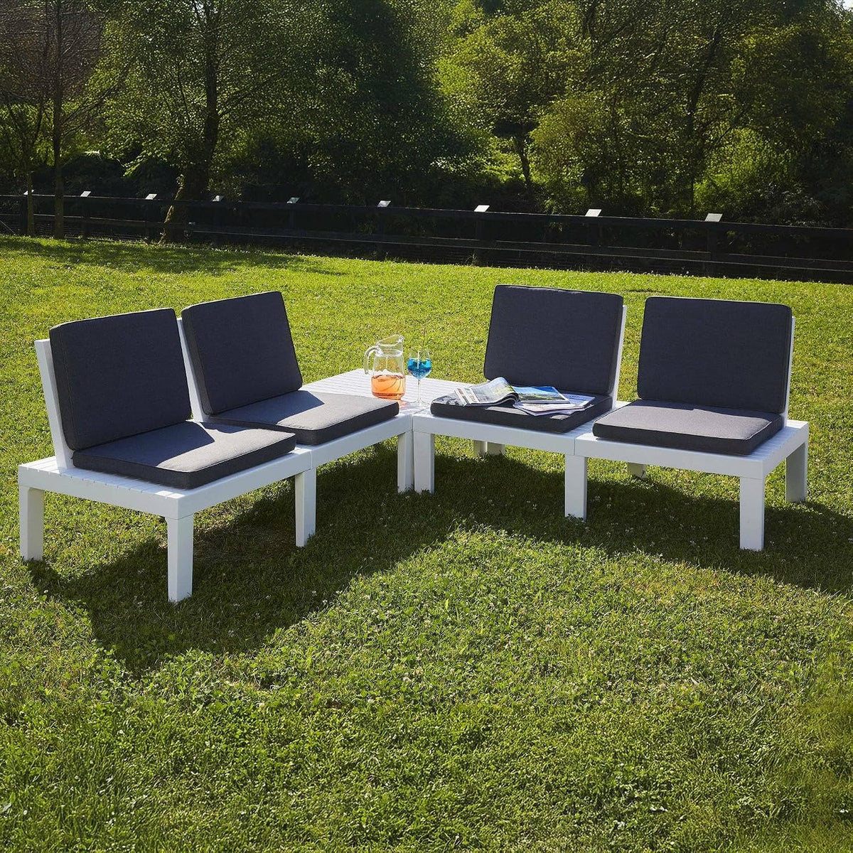 Salon de jardin, Composition de jardin avec 4 sièges avec dossier et 1 module multifonction, Dmora, 100% Made in Italy, Lounge avec coussins, Blanc