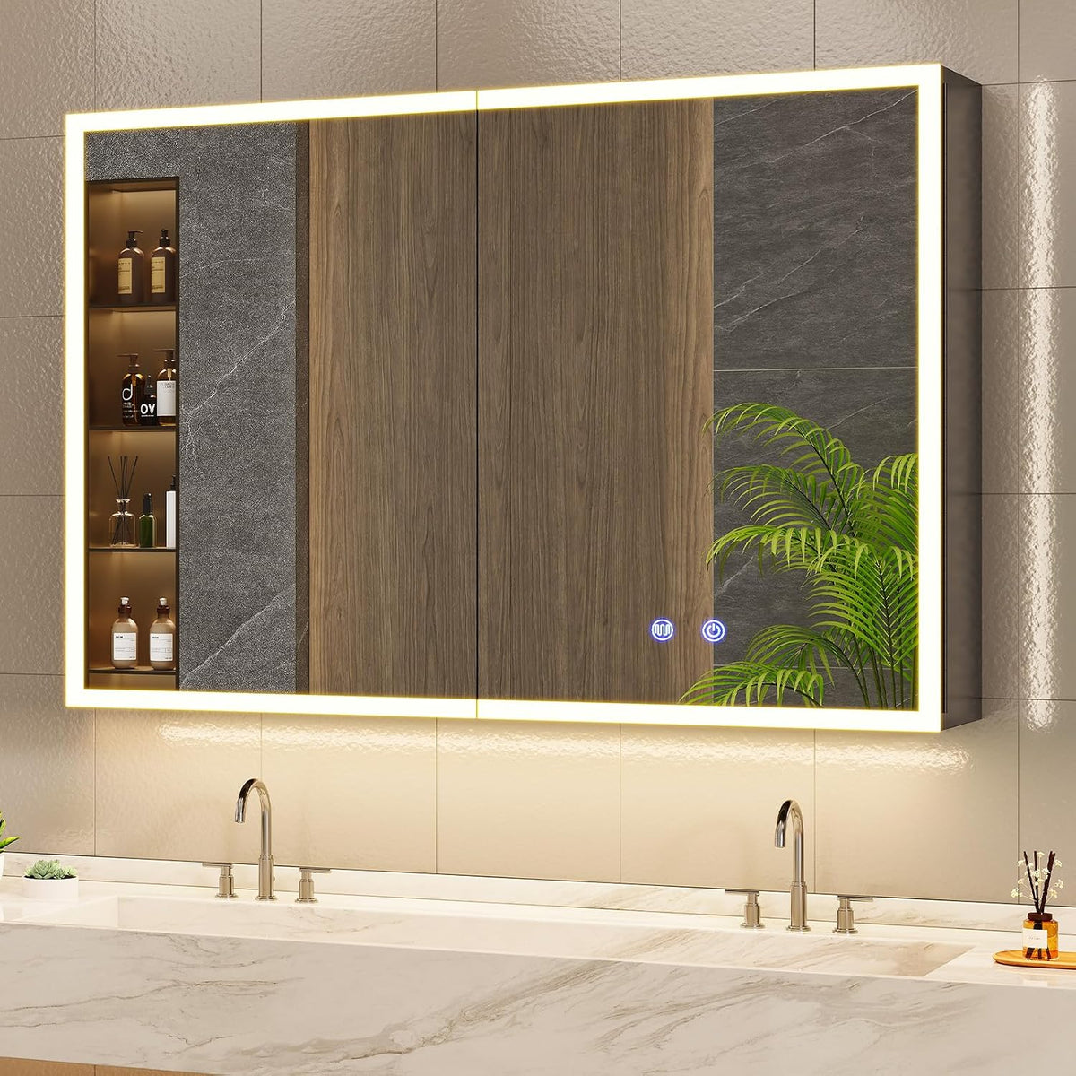 Armoire FORABAMB, verre, éclairage LED, réglable, Multiprise, Fonction Anti-buée
