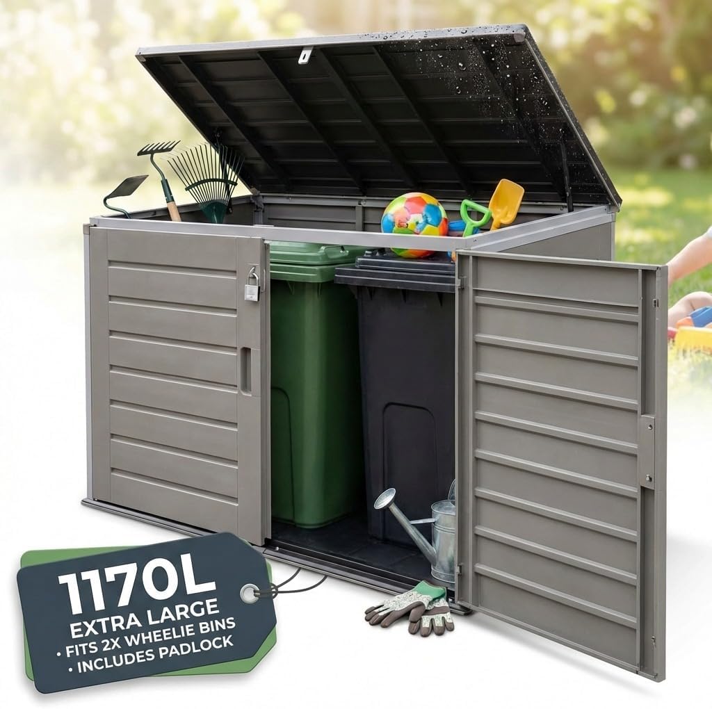 Abri pour poubelles, 230 L, Boîte de rangement extérieure verrouillable avec deux portes et couvercle à gaz, Olsen & Smith, 1170 l, 125 cm
