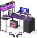Bureau, Noir Boisé et Noir Mat LWD162B101, éclairage LED, 140 × 100 cm, VASAGLE, 140 × 100 × 150 cm, Table en L Étagères, 3 Tiroirs, réglable