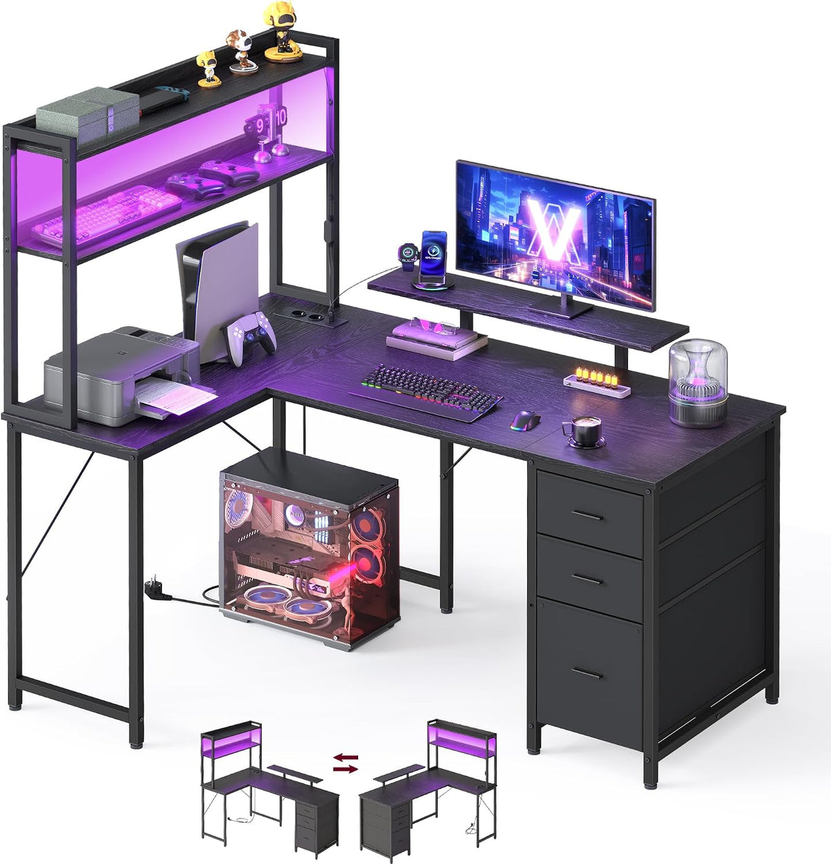 Bureau, Noir Boisé et Noir Mat LWD162B101, éclairage LED, 140 × 100 cm, VASAGLE, 140 × 100 × 150 cm, Table en L Étagères, 3 Tiroirs, réglable
